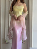 Ndyad Gradient Yellow Pink Spaghetti Straps Mermaid Satin Prom Dresses Vintage Evening Gowns HZ1024