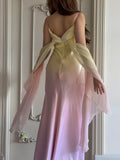Ndyad Gradient Yellow Pink Spaghetti Straps Mermaid Satin Prom Dresses Vintage Evening Gowns HZ1024