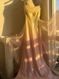 Ndyad Gradient Yellow Pink Spaghetti Straps Mermaid Satin Prom Dresses Vintage Evening Gowns HZ1024