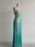Ndyad Gradient Jade Spaghetti Strap Sheath Sequins Prom Dresses Backless Evening Gowns HZ1024