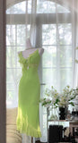 Ndyad Bud Green Spaghetti Straps Sheath Chiffon Short Prom Dresses Vintage Evening Gowns HZ1024