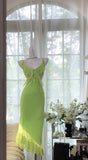Ndyad Bud Green Spaghetti Straps Sheath Chiffon Short Prom Dresses Vintage Evening Gowns HZ1024