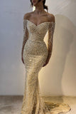 Ndyad Yellow Off Shoulder Mermaid Long Sleeve Beaded Prom Dresses Fashion Evening Dress HZ1024