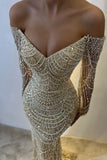 Ndyad Yellow Off Shoulder Mermaid Long Sleeve Beaded Prom Dresses Fashion Evening Dress HZ1024