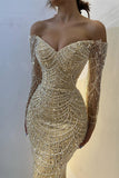 Ndyad Yellow Off Shoulder Mermaid Long Sleeve Beaded Prom Dresses Fashion Evening Dress HZ1024