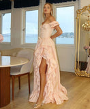 Ndyad Blush Pink Off-the-shoulder A-Line Chiffon Satin Prom Dresses Evening Gowns with Slits HZ1024