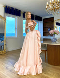 Ndyad Blush Pink Off-the-shoulder A-Line Chiffon Satin Prom Dresses Evening Gowns with Slits HZ1024