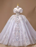 Ndyad Off-the-shoulder A-Line Tulle Beaded Train Wedding Dress HZ1024