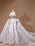 Ndyad Off-the-shoulder A-Line Tulle Beaded Train Wedding Dress HZ1024