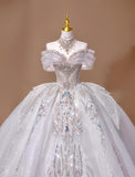 Ndyad Off-the-shoulder A-Line Tulle Beaded Train Wedding Dress HZ1024