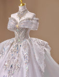 Ndyad Off-the-shoulder A-Line Tulle Beaded Train Wedding Dress HZ1024