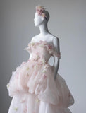 Ndyad Light Pink Off-the-shoulder A-Line Tulle Applique Train Wedding Dress HZ1024