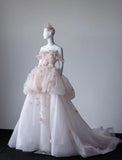 Ndyad Light Pink Off-the-shoulder A-Line Tulle Applique Train Wedding Dress HZ1024