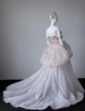 Ndyad Light Pink Off-the-shoulder A-Line Tulle Applique Train Wedding Dress HZ1024
