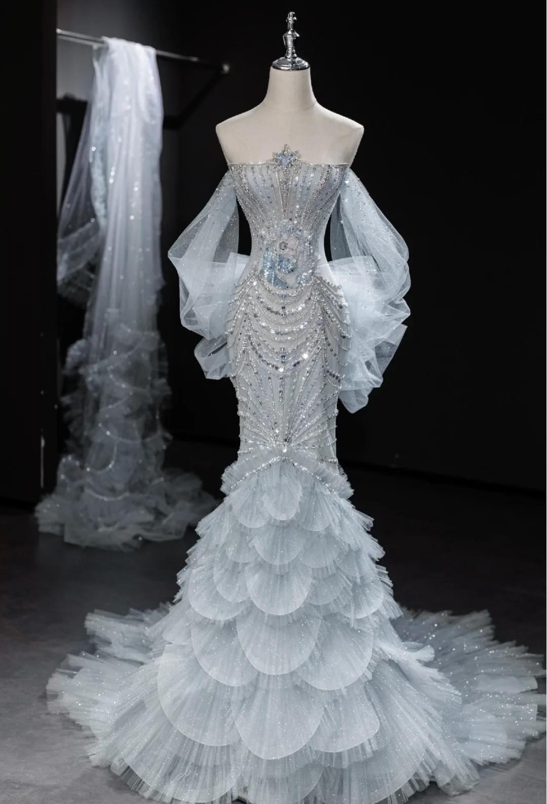 Ndyad Grey Strapless Mermaid Tulle Beaded Gorgeous Train Wedding Dress HZ1024