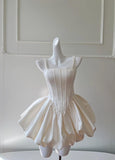 Ndyad Cream White Square Neck A-Line Satin Short Prom Dress, Homecoming Dress HZ1024