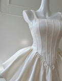 Ndyad Cream White Square Neck A-Line Satin Short Prom Dress, Homecoming Dress HZ1024