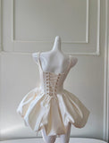 Ndyad Cream White Square Neck A-Line Satin Short Prom Dress, Homecoming Dress HZ1024