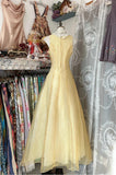 Ndyad Butter Yellow Evening Gowns Round Neck A-Line Tulle Party Dress HZ1024