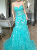 Ndyad Blue Sweetheart Neck Mermaid Tulle Appliques Long Prom Dresses Formal Evening Gowns HZ1024