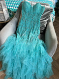 Ndyad Blue Sweetheart Neck Mermaid Tulle Appliques Long Prom Dresses Formal Evening Gowns HZ1024