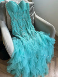 Ndyad Blue Sweetheart Neck Mermaid Tulle Appliques Long Prom Dresses Formal Evening Gowns HZ1024