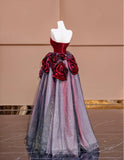 Ndyad Burgundy Strapless Velvet A-Line Tulle Long Prom Dresses Unique Wedding Dress HZ1024