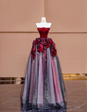 Ndyad Burgundy Strapless Velvet A-Line Tulle Long Prom Dresses Unique Wedding Dress HZ1024