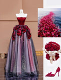 Ndyad Burgundy Strapless Velvet A-Line Tulle Long Prom Dresses Unique Wedding Dress HZ1024