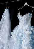 Ndyad White Tulle Strapless A-Line 3D Applique Trailing Wedding Dress HZ1024