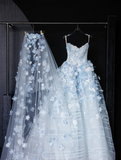 Ndyad White Tulle Strapless A-Line 3D Applique Trailing Wedding Dress HZ1024