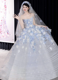 Ndyad White Tulle Strapless A-Line 3D Applique Trailing Wedding Dress HZ1024