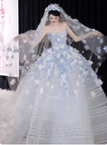 Ndyad White Tulle Strapless A-Line 3D Applique Trailing Wedding Dress HZ1024