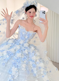Ndyad White Tulle Strapless A-Line 3D Applique Trailing Wedding Dress HZ1024