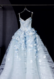 Ndyad White Tulle Strapless A-Line 3D Applique Trailing Wedding Dress HZ1024
