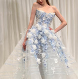 Ndyad White Tulle Strapless A-Line 3D Applique Trailing Wedding Dress HZ1024