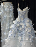 Ndyad White Tulle Strapless A-Line 3D Applique Trailing Wedding Dress HZ1024