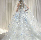 Ndyad White Tulle Strapless A-Line 3D Applique Trailing Wedding Dress HZ1024