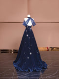 Ndyad Navy Blue Sweetheart A-Line Velvet Long Prom Dresses Formal Evening Dresses HZ1024