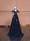 Ndyad Navy Blue Sweetheart A-Line Velvet Long Prom Dresses Formal Evening Dresses HZ1024