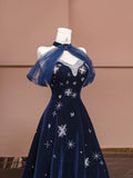 Ndyad Navy Blue Sweetheart A-Line Velvet Long Prom Dresses Formal Evening Dresses HZ1024