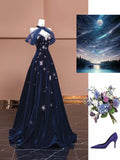 Ndyad Navy Blue Sweetheart A-Line Velvet Long Prom Dresses Formal Evening Dresses HZ1024