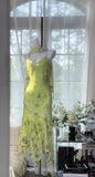 Ndyad Green Spaghetti Straps Mermaid Chiffon Beaded Prom Dresses Vintage Party Dress HZ1024