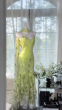Ndyad Green Spaghetti Straps Mermaid Chiffon Beaded Prom Dresses Vintage Party Dress HZ1024