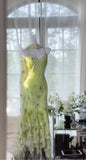 Ndyad Green Spaghetti Straps Mermaid Chiffon Beaded Prom Dresses Vintage Party Dress HZ1024