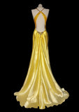 Ndyad Bright Yellow V Neck Mermaid Satin Beading Long Prom Dresses Backless Formal Evening Gowns HZ1024