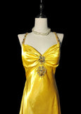 Ndyad Bright Yellow V Neck Mermaid Satin Beading Long Prom Dresses Backless Formal Evening Gowns HZ1024