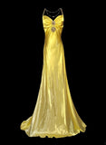 Ndyad Bright Yellow V Neck Mermaid Satin Beading Long Prom Dresses Backless Formal Evening Gowns HZ1024