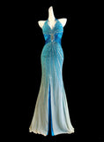 Ndyad Blue V-neck Mermaid Chiffon Beading Open Back Prom Dresses Formal Evening Gowns HZ1024
