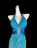 Ndyad Blue V-neck Mermaid Chiffon Beading Open Back Prom Dresses Formal Evening Gowns HZ1024
